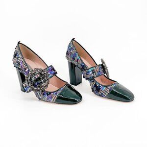 SJP Winnie Crystal Buckle Mary Jane Pumps Size 37 US 6-7 Tartan Sequin Heels